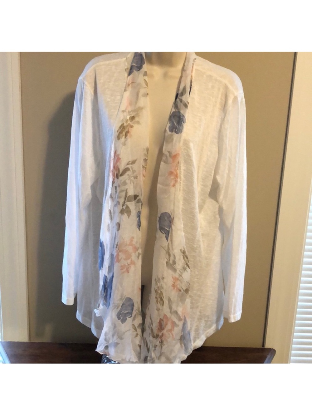 White Open-Front Cardigan with Floral Scarf Trim